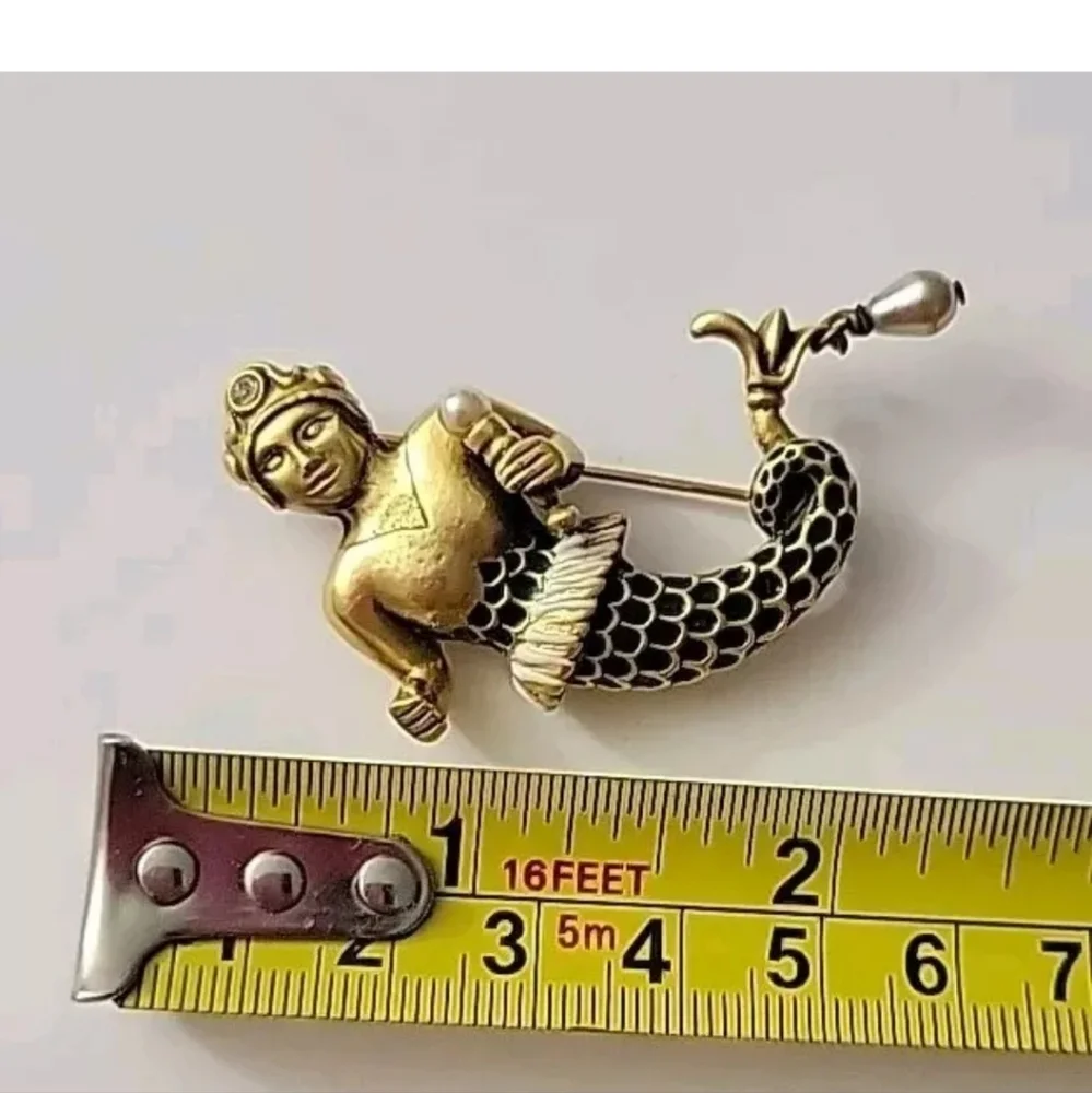 Vintage Gold Tone Green Enamel Faux Pearl Mythical Mermaid Brooch Excellent